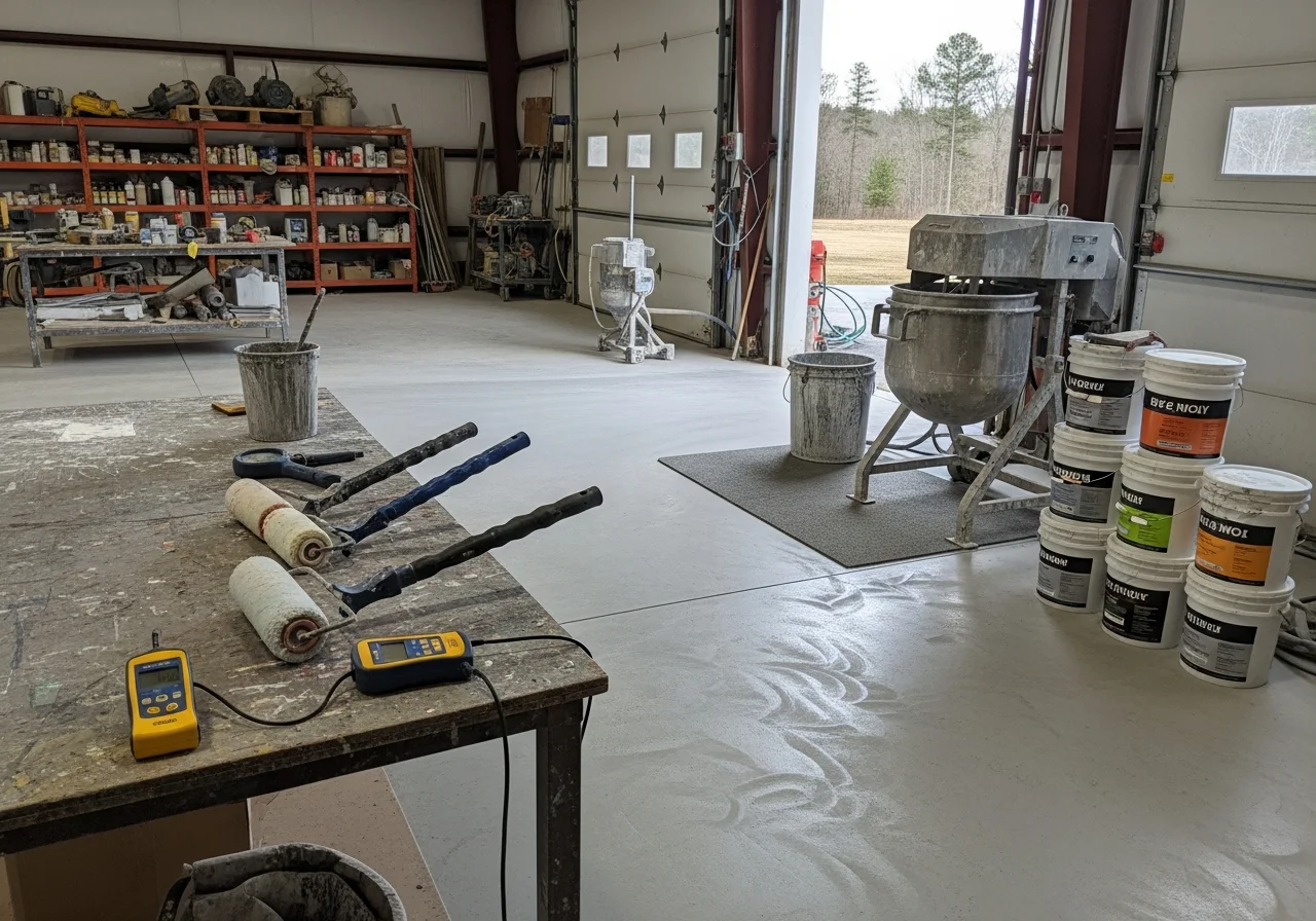 Professional epoxy flooring installation in progress, showing concrete preparation and coating application tools on a residential or commercial floor.