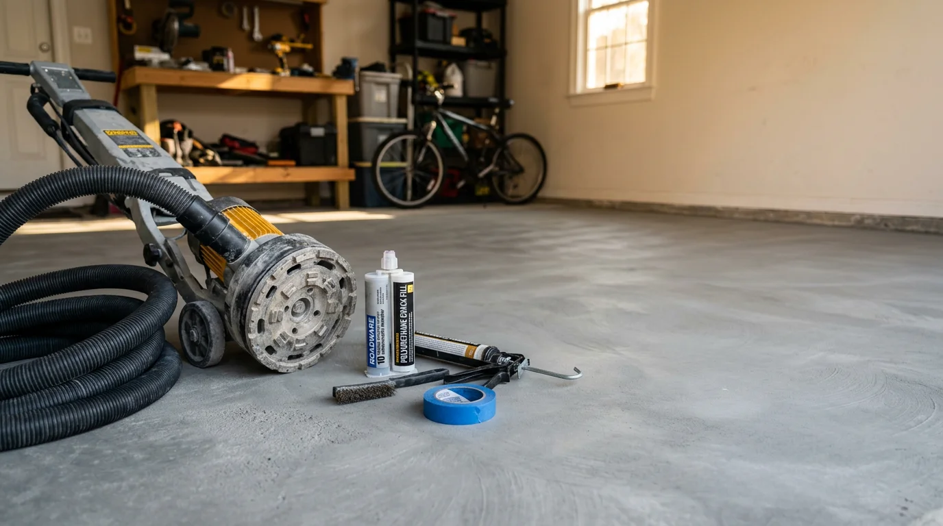 Concrete surface being professionally ground and prepared for epoxy coating application