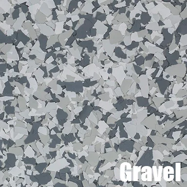 Gravel flake epoxy flooring with charcoal and gray aggregate pieces on neutral base