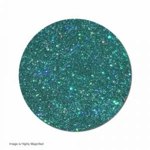 Teal epoxy floor with multi-colored glitter particles creating a nebula-like sparkle effect