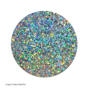 Multi-colored glitter epoxy floor with silver base and blue, green, yellow, and purple aggregate