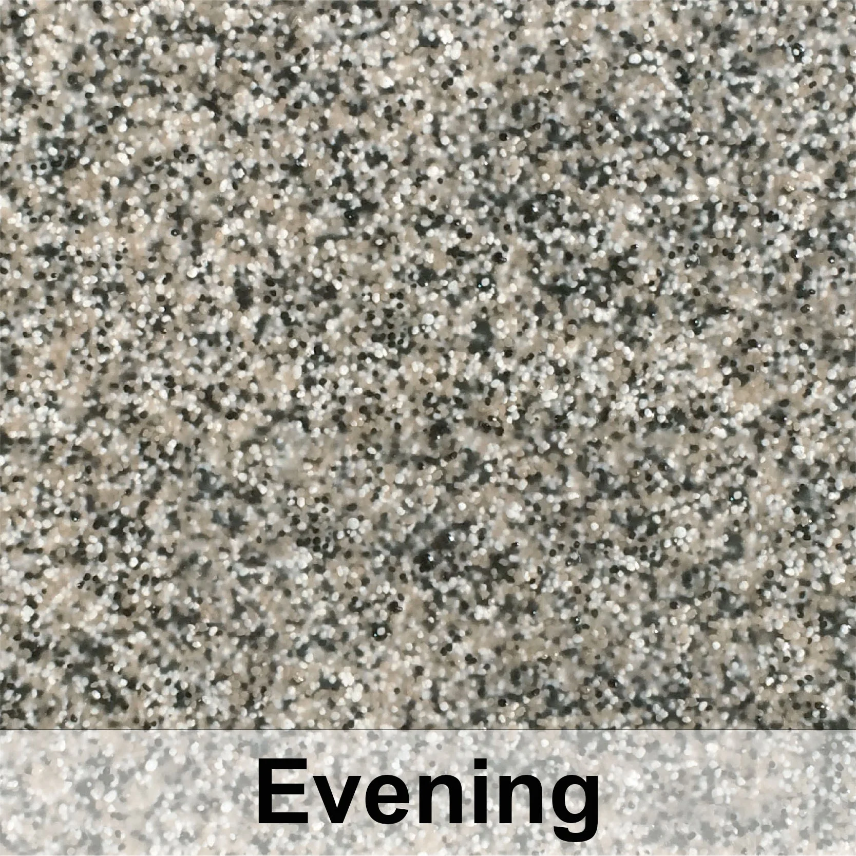 Close-up of evening quartz epoxy flooring with white, gray, and black aggregate chips in clear epoxy base