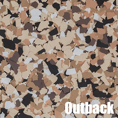 Multi-colored epoxy flake flooring with tan, brown, black, and white chips in decorative pattern