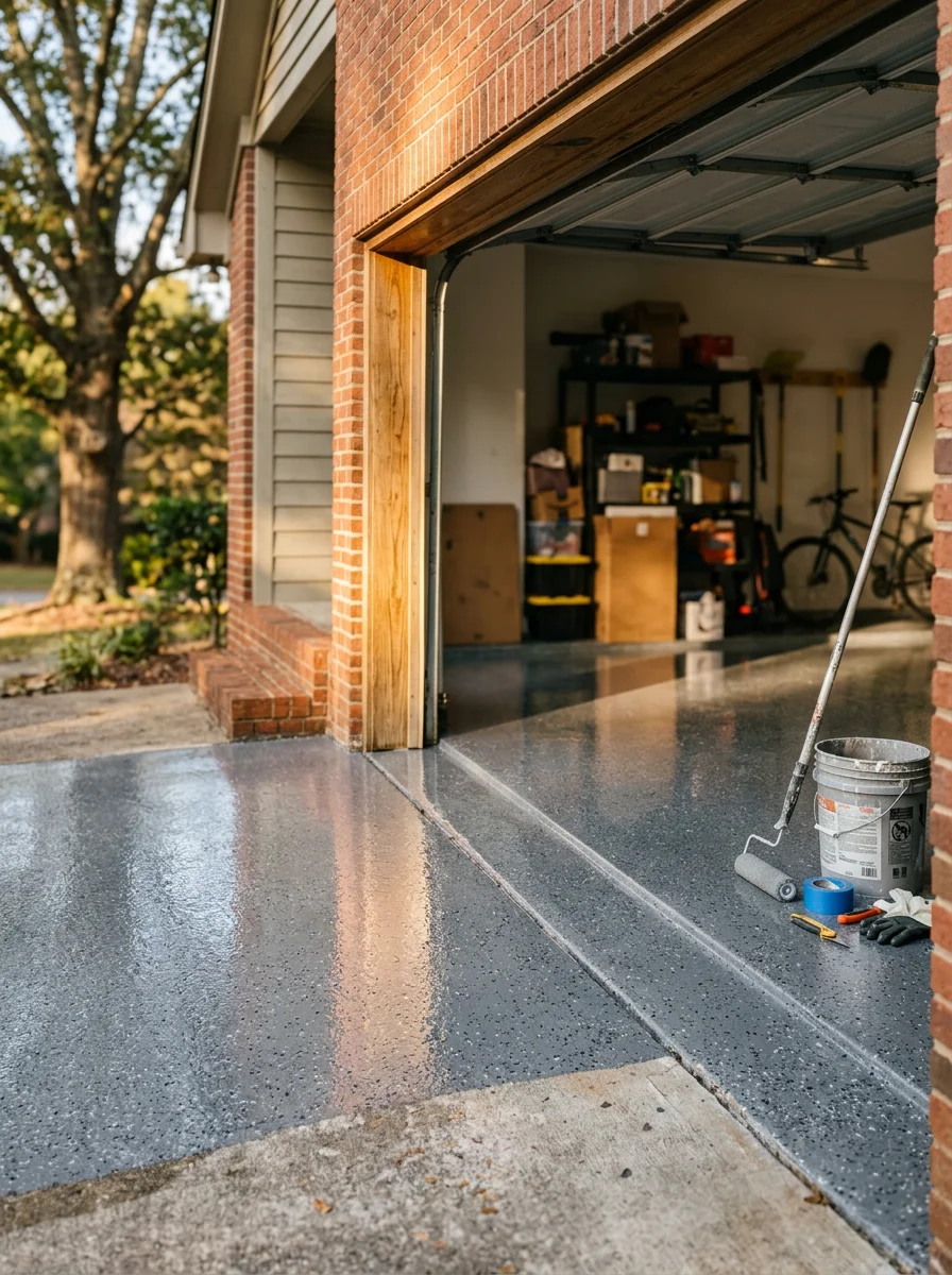 Professional epoxy flooring installation in residential garage or commercial space