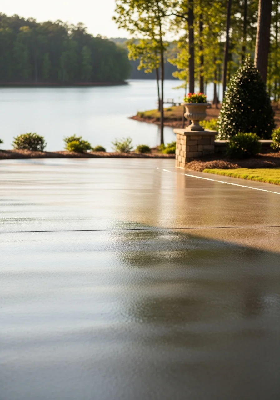 Close-up of quality exterior work on a Lake Oconee property with water views in background.