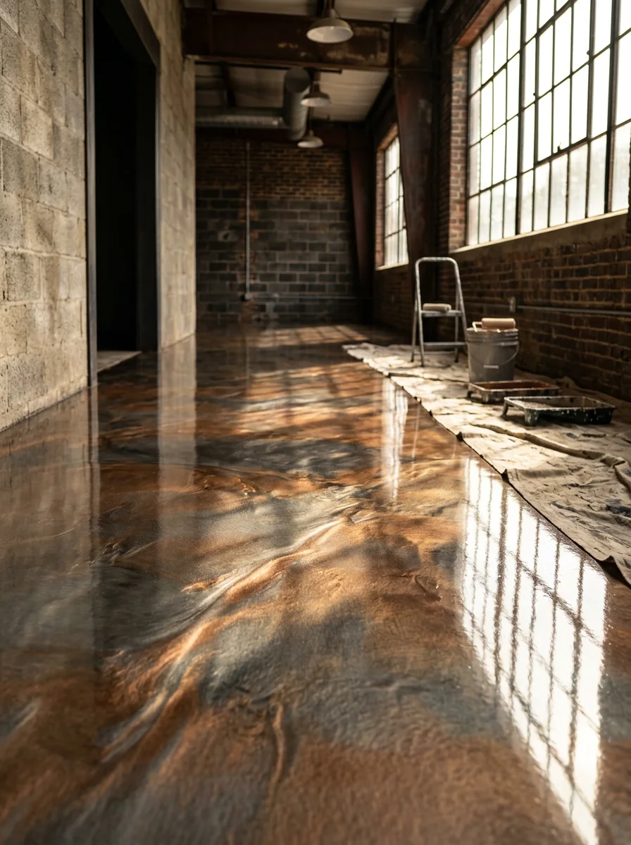 Decorative metallic epoxy coating applied to Statham commercial concrete floor