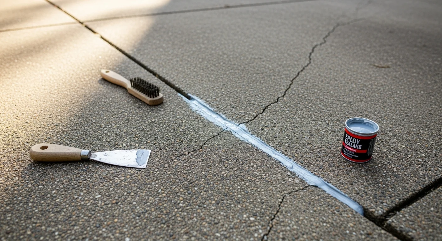 A repaired concrete driveway crack in Watkinsville, Georgia, showing a clean, filled surface on a residential slab. The surrounding red clay soil and typical Oconee County ranch-style home are visible in the background.