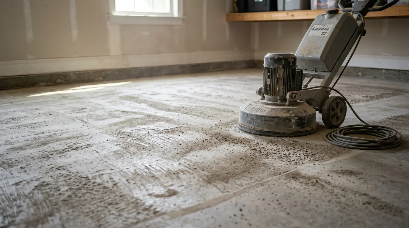 A residential garage floor in Watkinsville, GA after concrete grinding, showing a clean, uniformly profiled gray slab with old coating and surface contamination fully removed. The prepared surface is ready for epoxy coating application.
