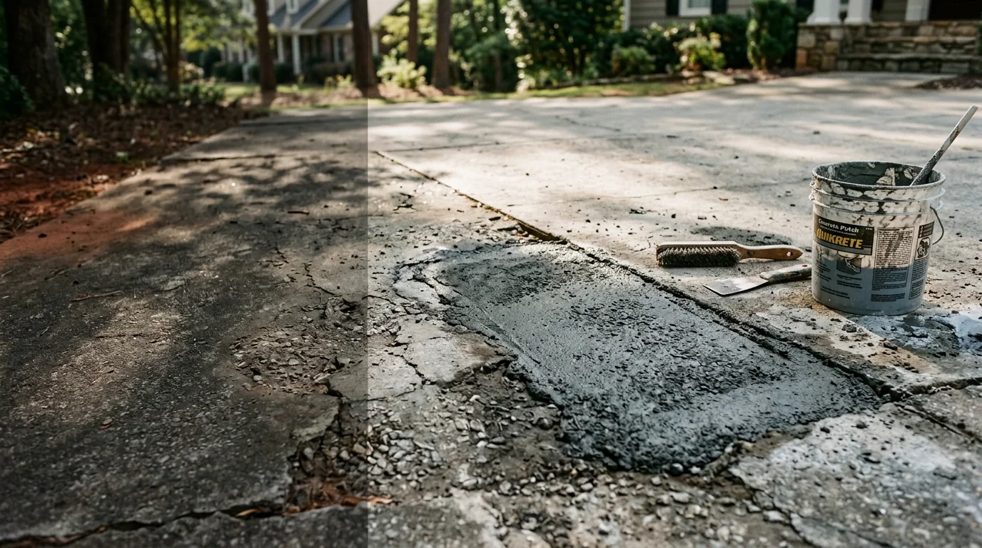 Close-up of a repaired concrete driveway surface in Watkinsville, GA, showing a smooth, patched section blended into the surrounding slab. The finished repair sits flush with the existing concrete on a residential property in Oconee County.