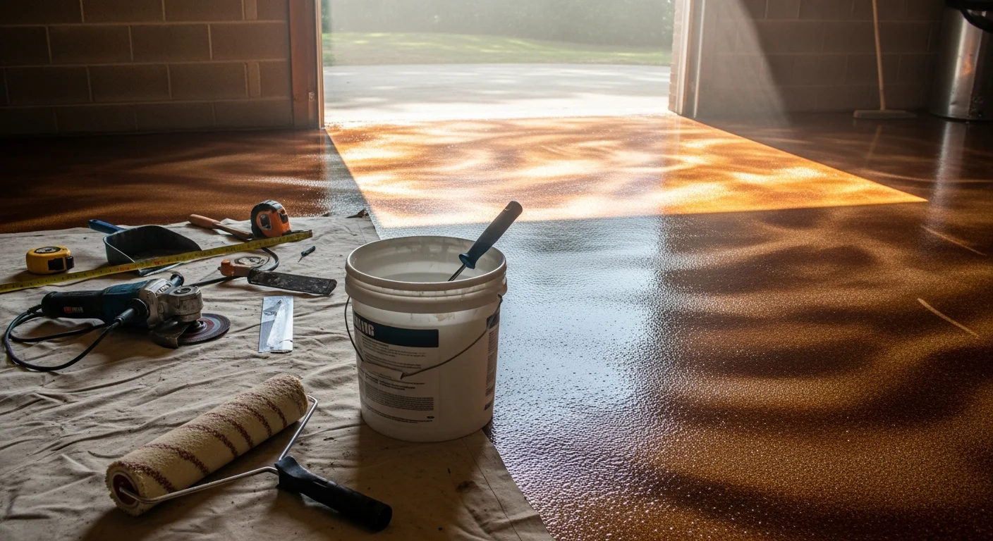 A finished decorative epoxy floor in a residential garage in Watkinsville, Georgia, showing a vinyl chip coating in gray and white tones with a high-gloss sealed topcoat. The concrete slab is fully coated with clean edges and no visible bare spots.