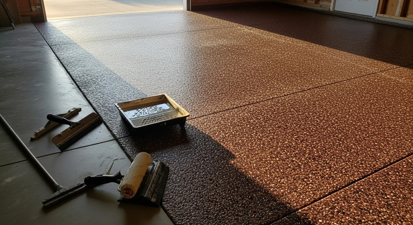 Finished decorative flake epoxy floor in a residential garage in Watkinsville, Georgia, showing a seamless gray and white flake coating applied over a clean concrete slab. The sealed surface reflects overhead lighting and shows the textured finish across the full garage floor.