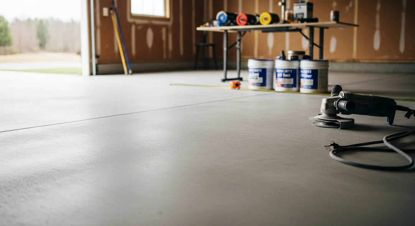 Freshly installed high-gloss epoxy floor coating on a residential garage concrete slab in Watkinsville, Georgia. The surface is smooth, light-reflective, and free of cracks or staining, with a clean edge along the garage wall.