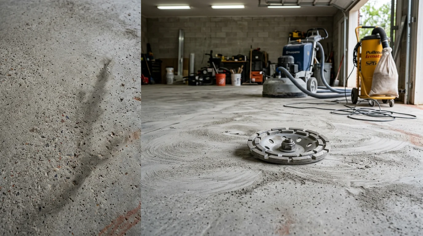A concrete garage floor in Watkinsville, Georgia with old peeling coating fully stripped down to bare gray concrete, showing a clean and open surface ready for a new epoxy application. Close-up view highlights the textured concrete profile left after mechanical coating removal.