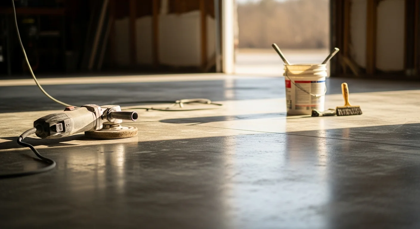 A freshly ground and sealed concrete garage floor in a Watkinsville, Georgia home, showing a smooth gloss finish with no visible staining or surface damage. The floor reflects overhead lighting evenly across the full slab.