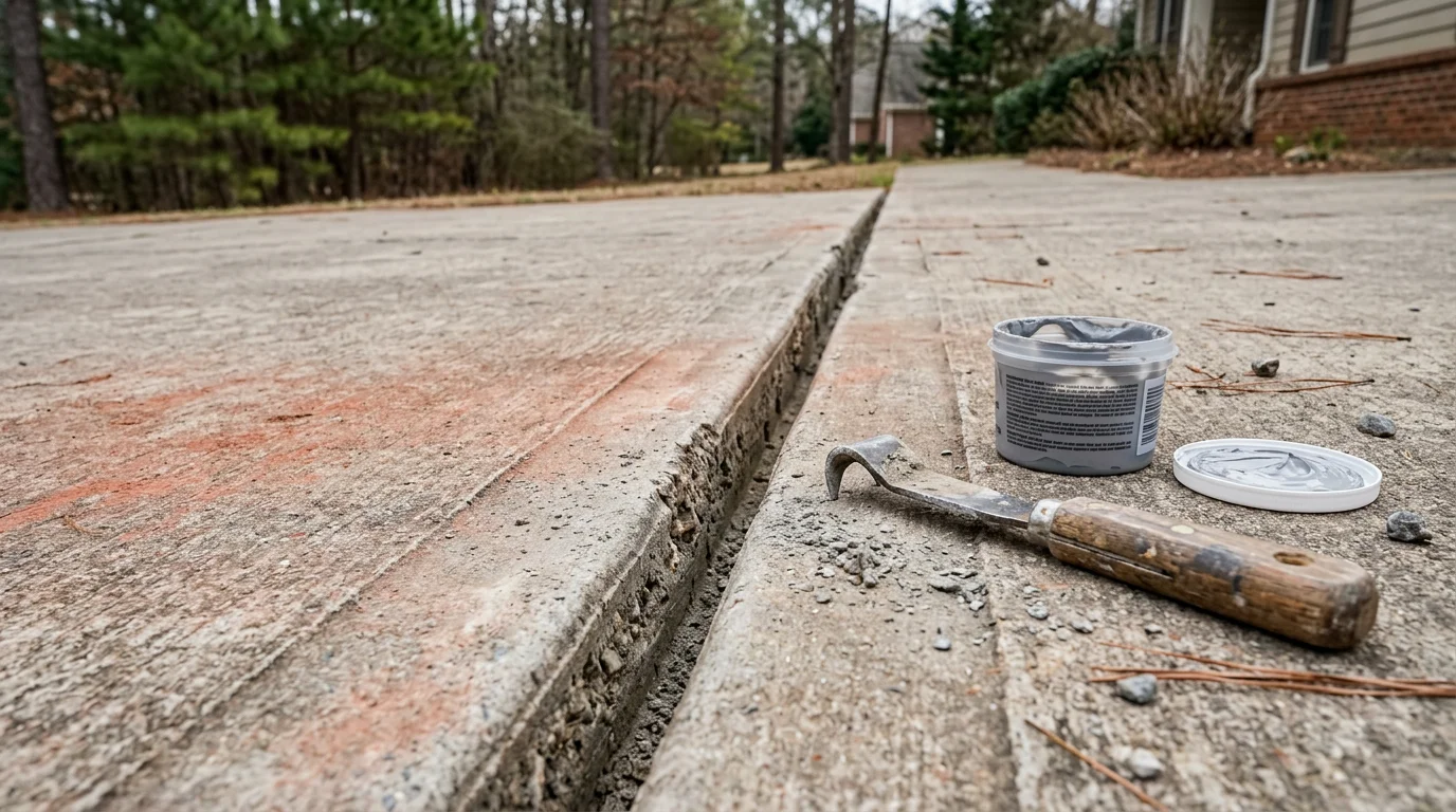 Freshly filled and sealed concrete expansion joints on a residential driveway in Watkinsville, GA, showing clean, flush joint lines between slab panels. Close-up view highlights the repaired joint surface against the surrounding concrete flatwork in an Oconee County home setting.