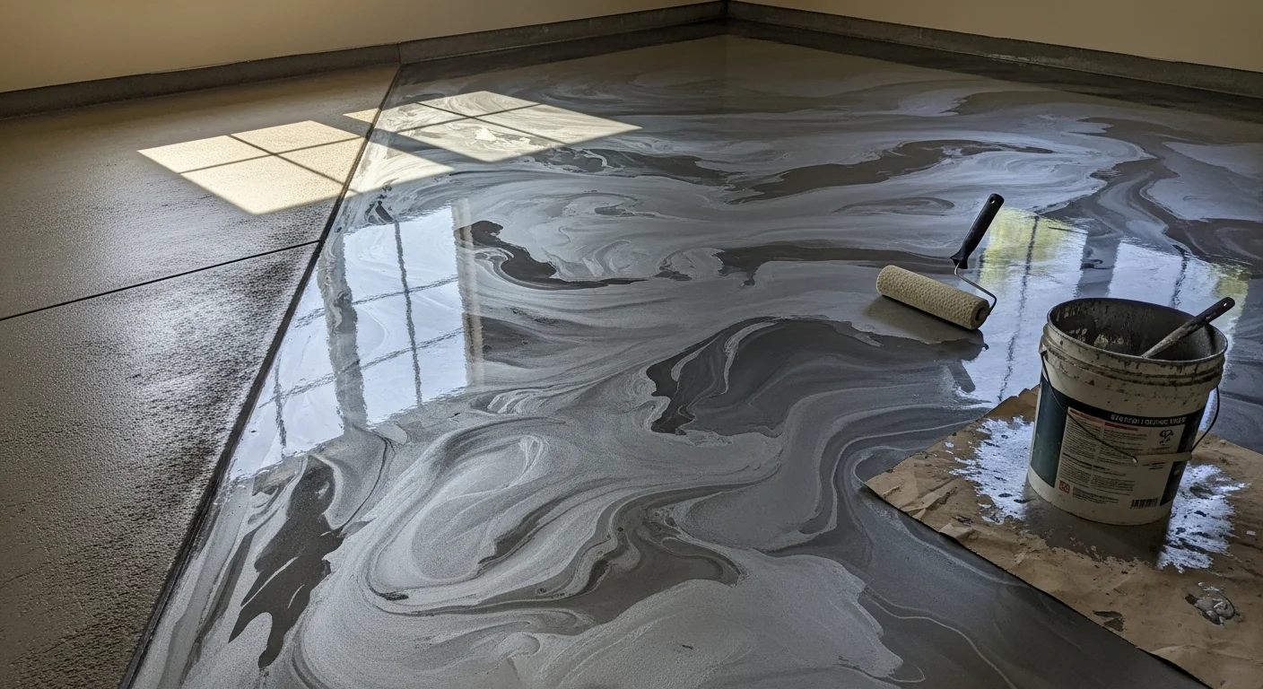 A freshly coated metallic epoxy garage floor in a Watkinsville home, showing a high-gloss swirling silver and charcoal pattern on a clean concrete slab. A two-car garage interior with natural light reflecting off the seamless metallic surface.