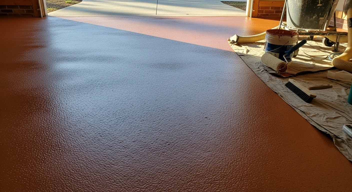 A freshly coated garage floor in a Watkinsville, Georgia home showing a smooth, high-gloss polyaspartic finish applied by SIC'EM EPOXY. The sealed concrete surface reflects overhead lighting and shows no staining, pitting, or surface wear.